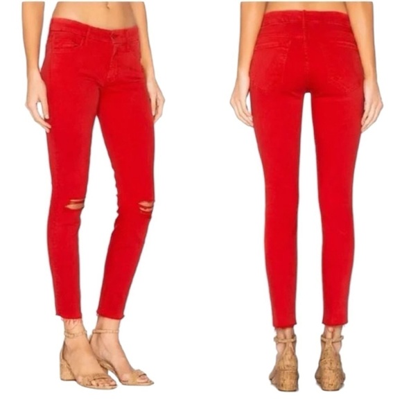 MOTHER Looker Ankle Fray Jeans Firecracker Red Distressed Women’s Size 26 - Picture 12 of 14